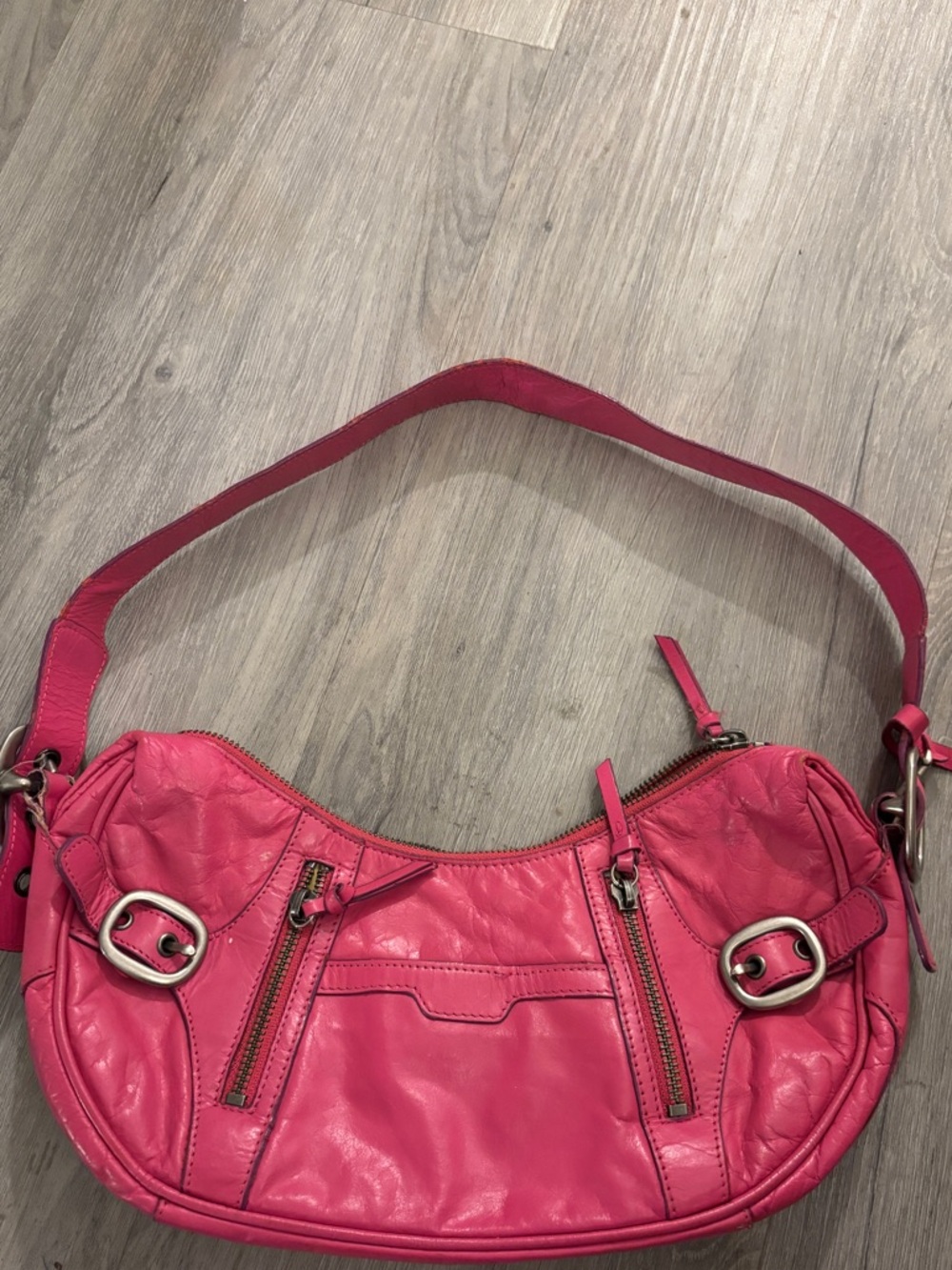 Fuchsia Leather Shoulder Bag with Dual Zip Detail